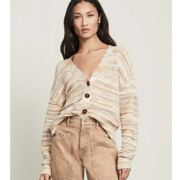 Veronica Beard Goliad Cardigan Women's XS Tan Cream Open Knit Stripe Casual Boho - Picture 12 of 15